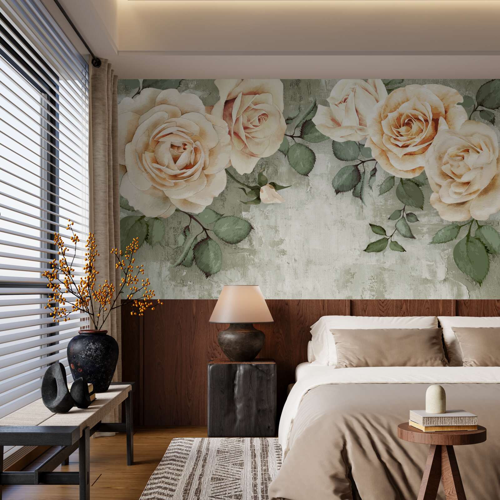 Papier peint roses crème à grandes feuilles vertes