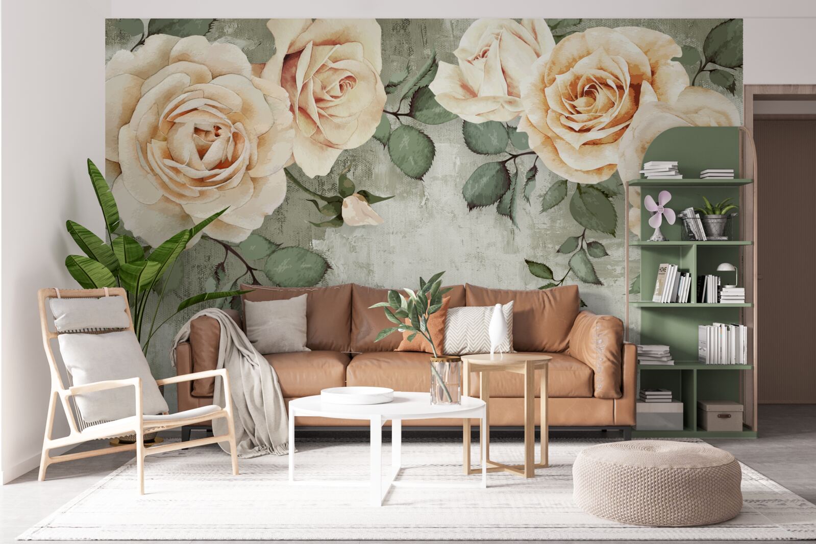 Papier peint roses crème à grandes feuilles vertes