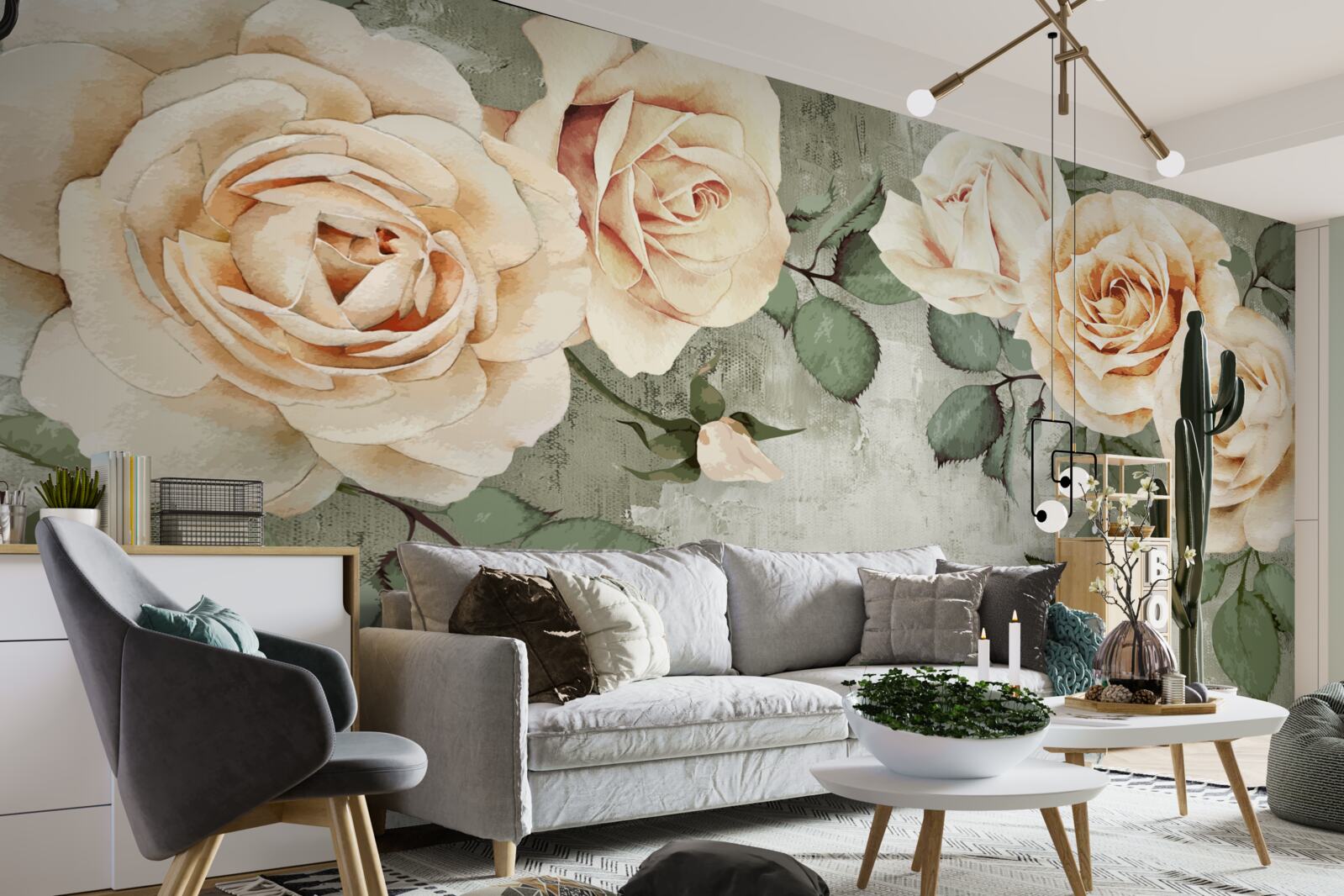 Papier peint roses crème à grandes feuilles vertes