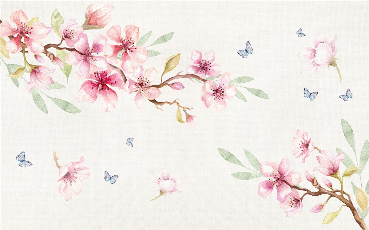 Papier peint les papillons volent autour des branches avec des fleurs