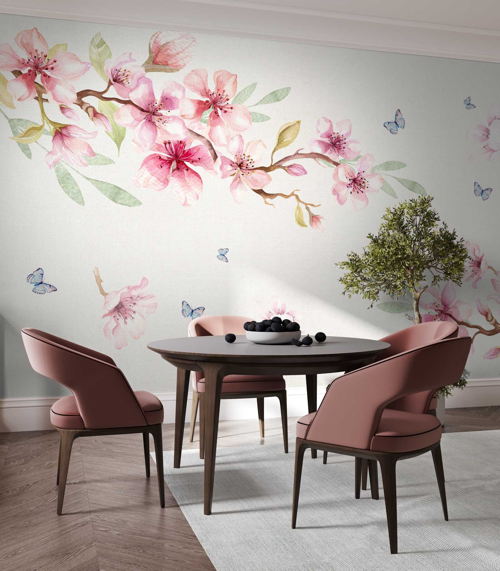 Papier peint les papillons volent autour des branches avec des fleurs