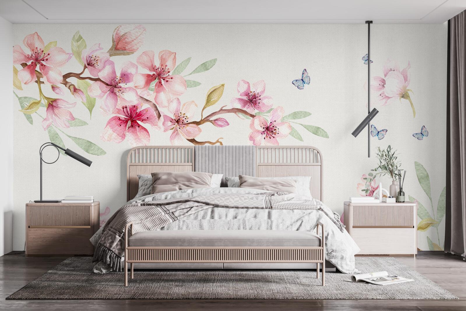 Papier peint les papillons volent autour des branches avec des fleurs