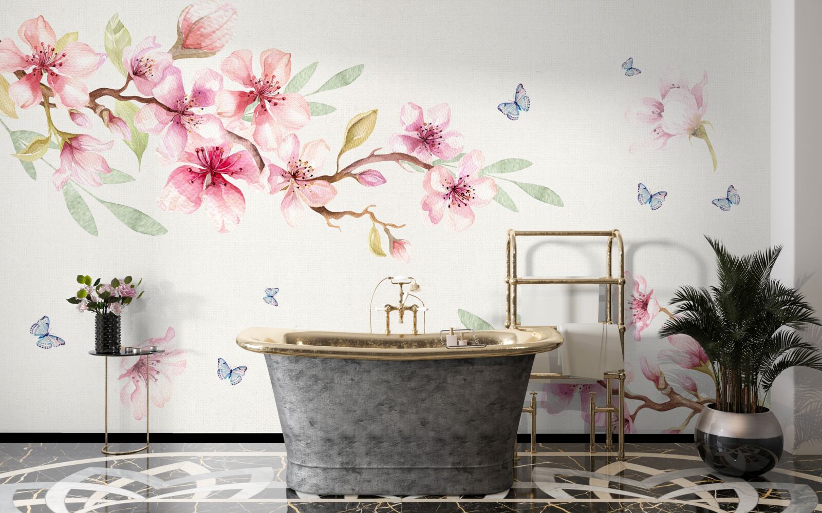 Papier peint les papillons volent autour des branches avec des fleurs