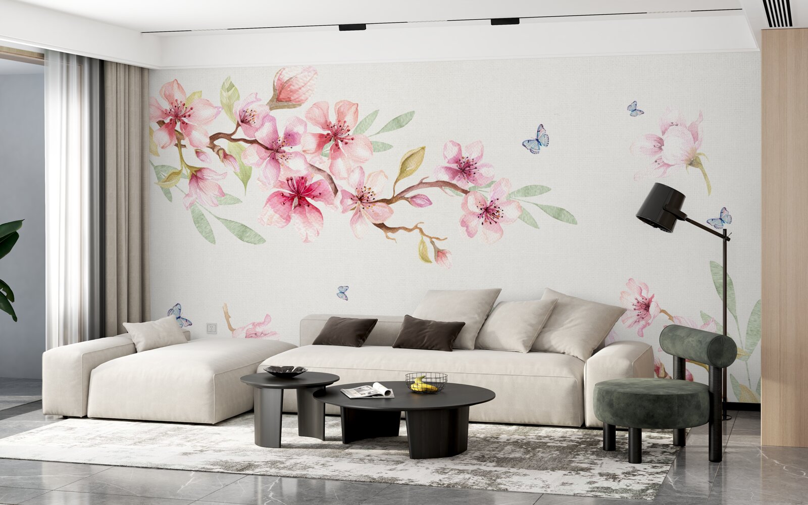 Papier peint les papillons volent autour des branches avec des fleurs