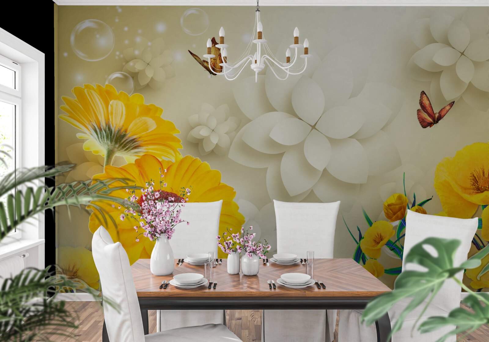 Papier peint des papillons survolent des fleurs orange