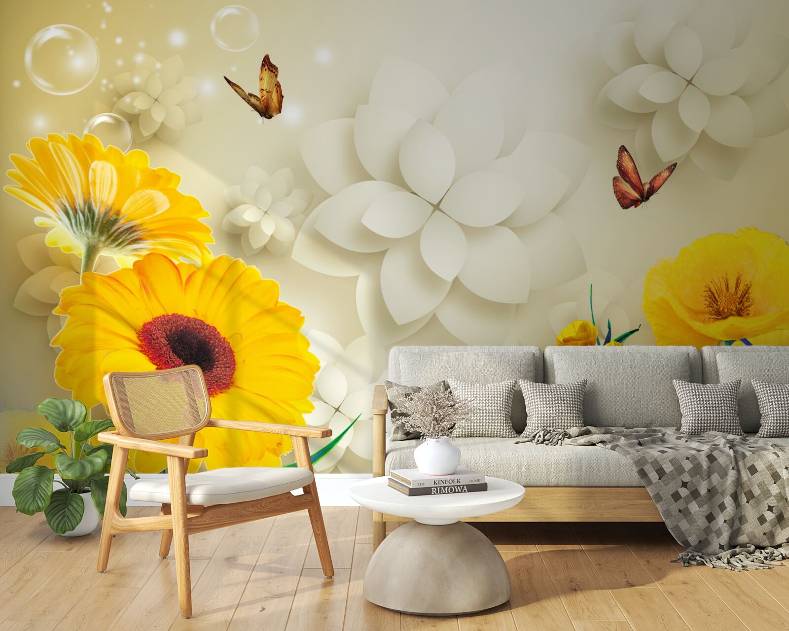 Papier peint des papillons survolent des fleurs orange