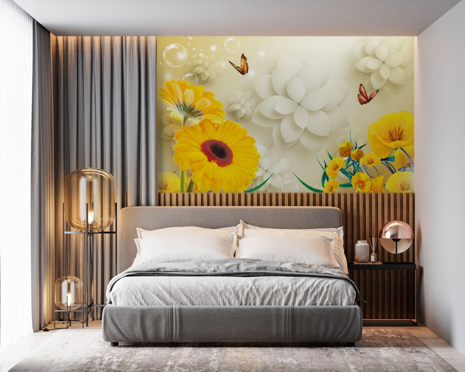 Papier peint des papillons survolent des fleurs orange