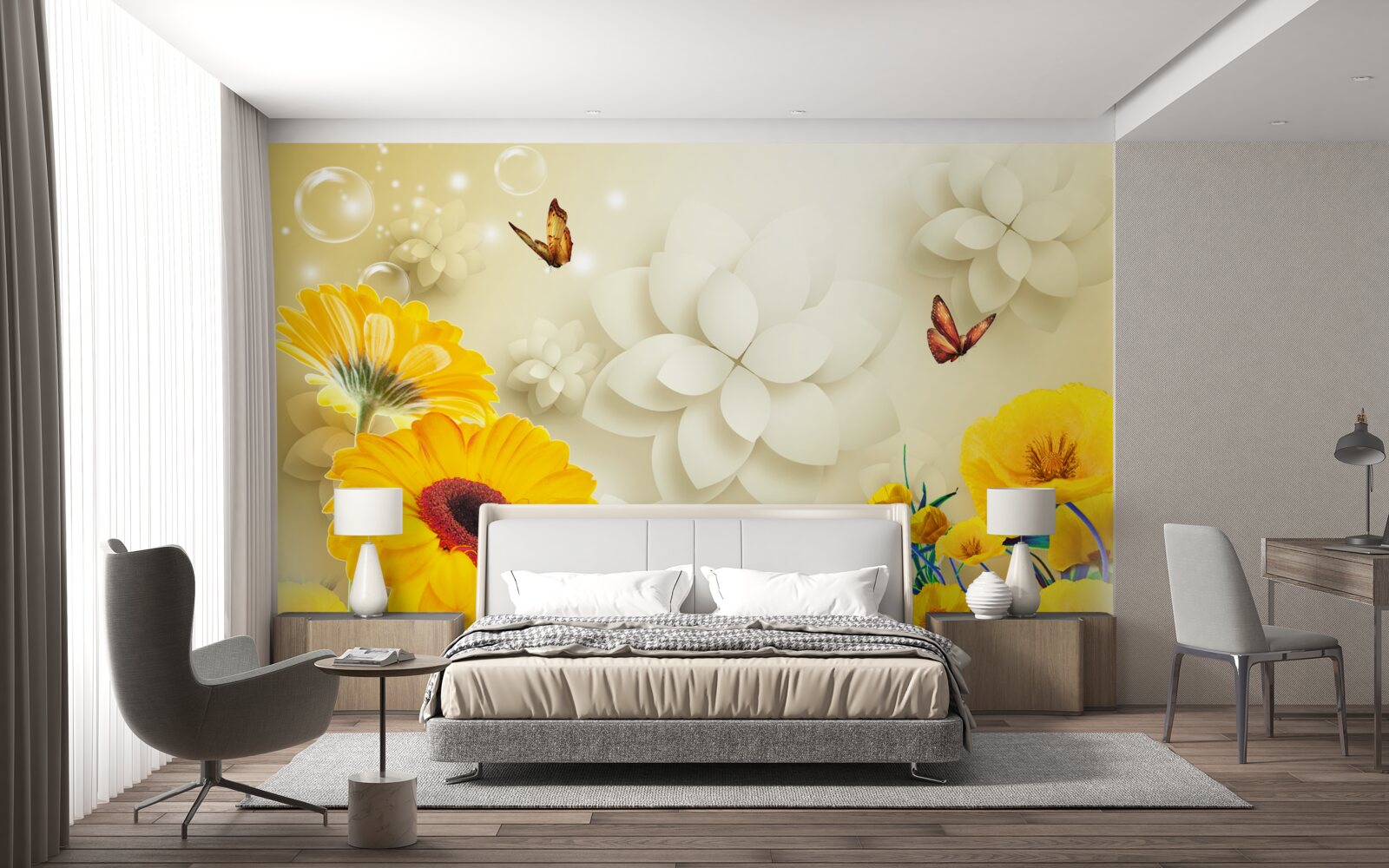 Papier peint des papillons survolent des fleurs orange