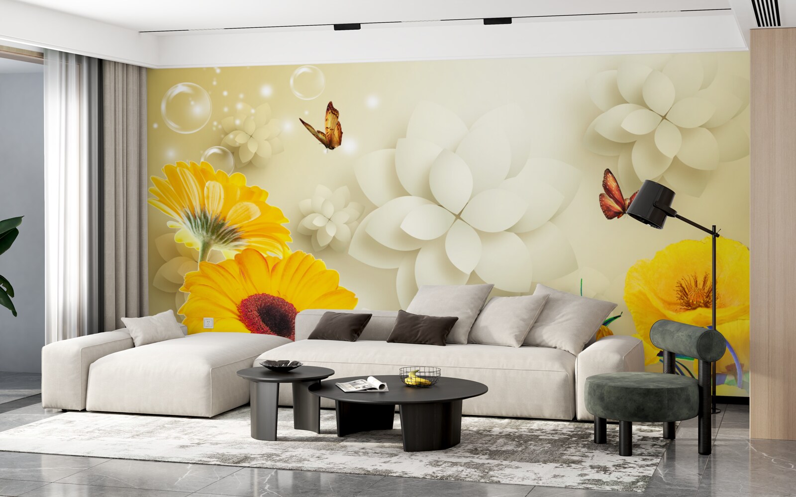 Papier peint des papillons survolent des fleurs orange