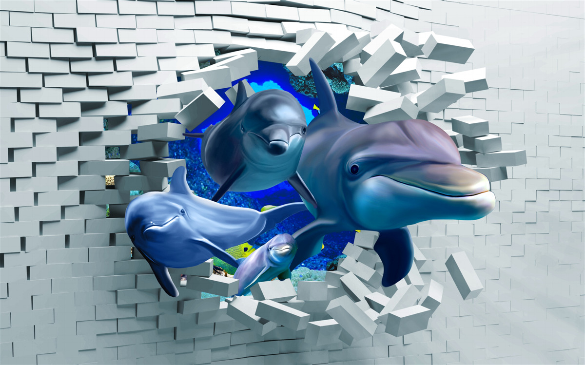 Papier peint les dauphins franchissent la barrière de briques