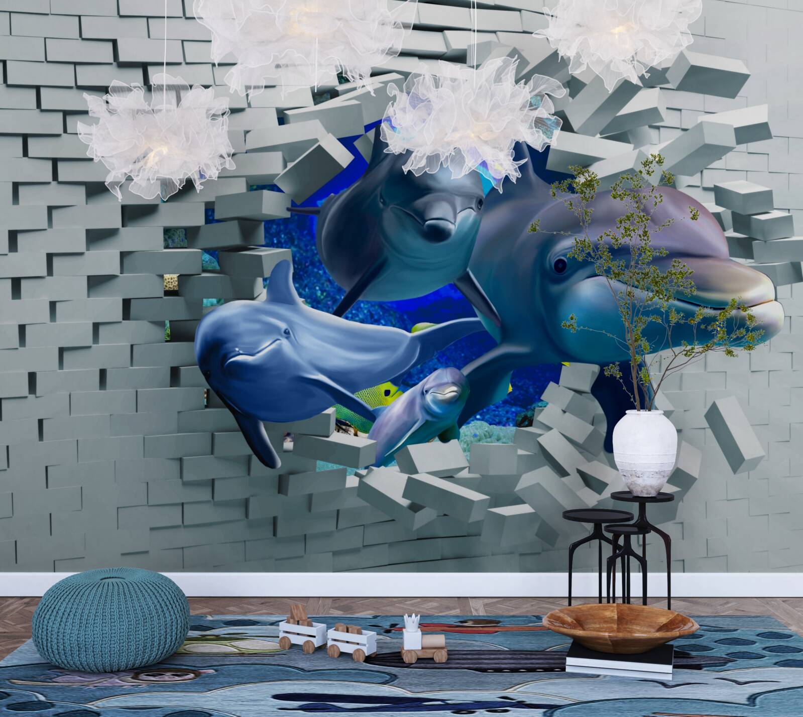 Papier peint les dauphins franchissent la barrière de briques