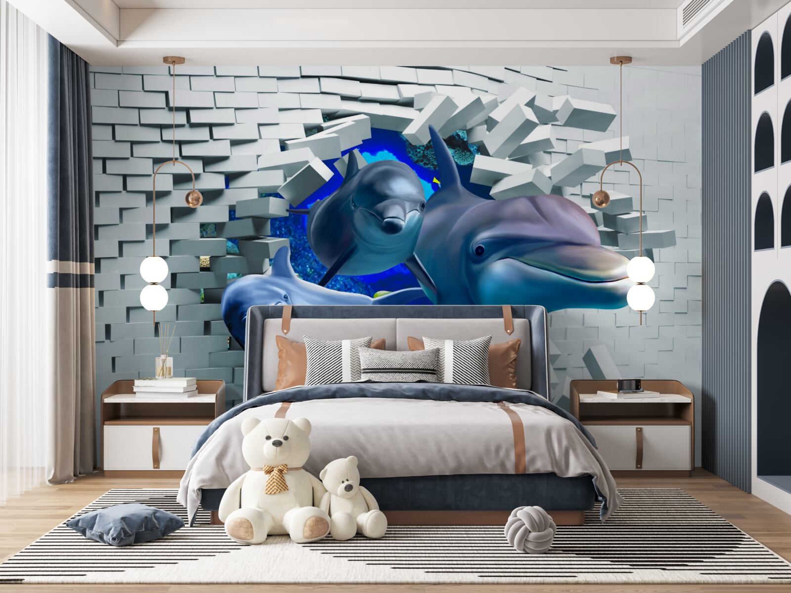 Papier peint les dauphins franchissent la barrière de briques