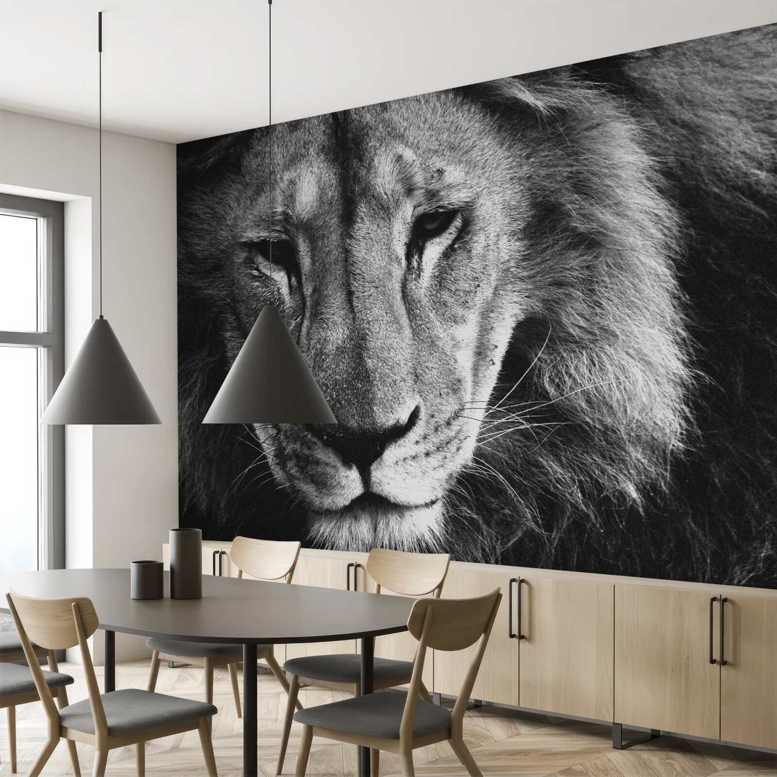 Papier peint portrait d'un lion adulte en noir et blanc