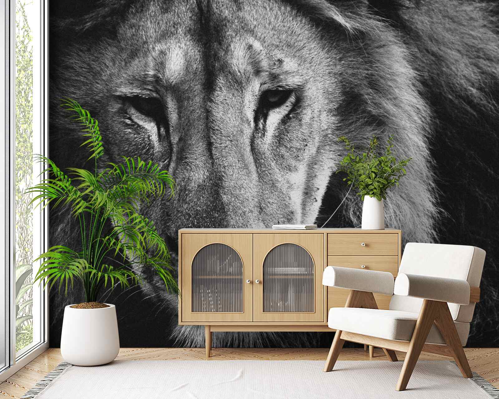 Papier peint portrait d'un lion adulte en noir et blanc