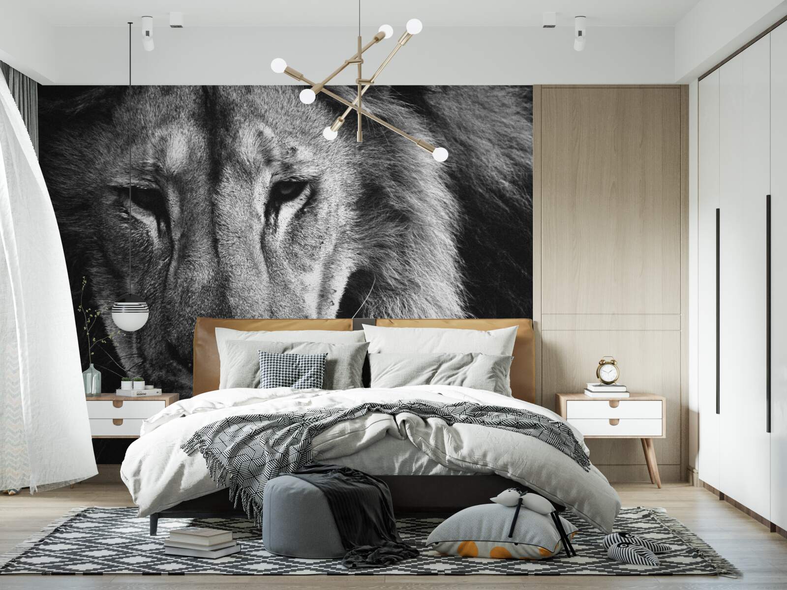 Papier peint portrait d'un lion adulte en noir et blanc