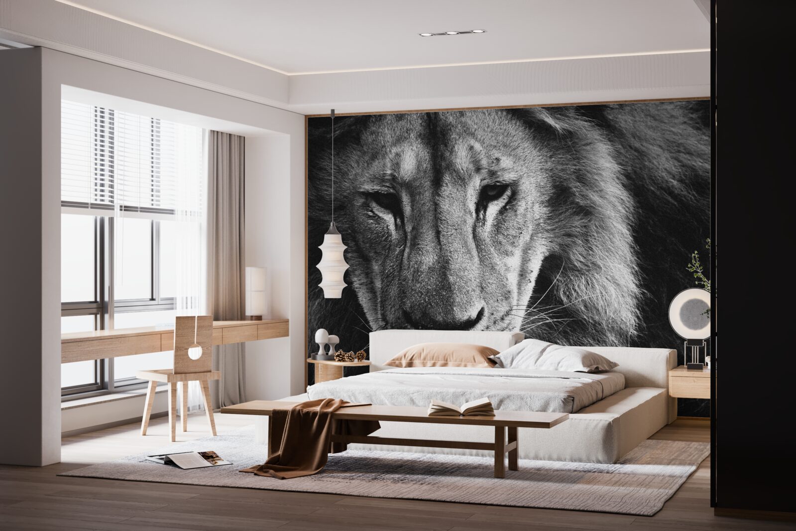 Papier peint portrait d'un lion adulte en noir et blanc