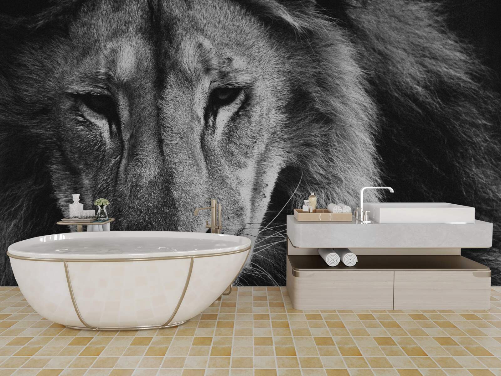 Papier peint portrait d'un lion adulte en noir et blanc