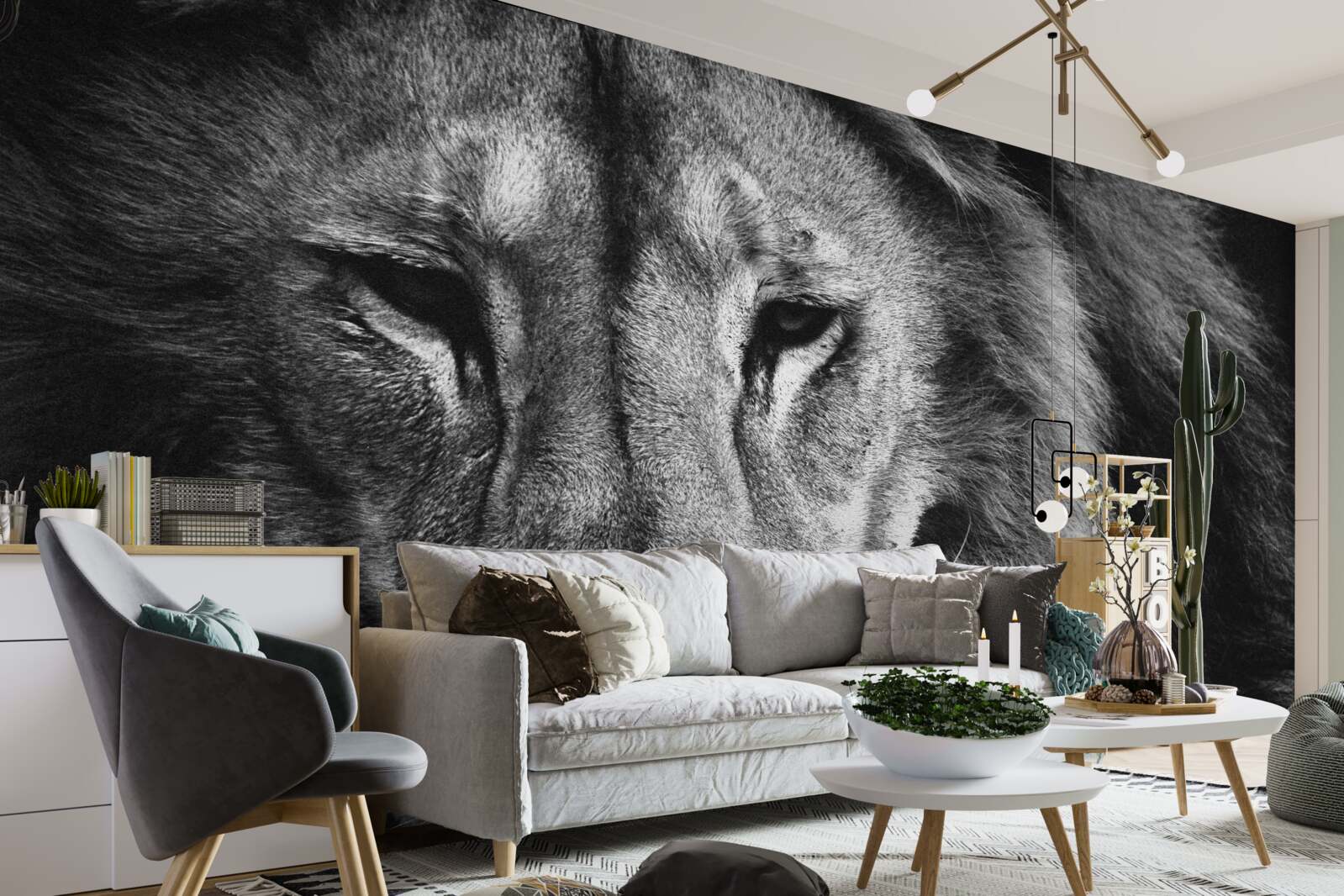 Papier peint portrait d'un lion adulte en noir et blanc