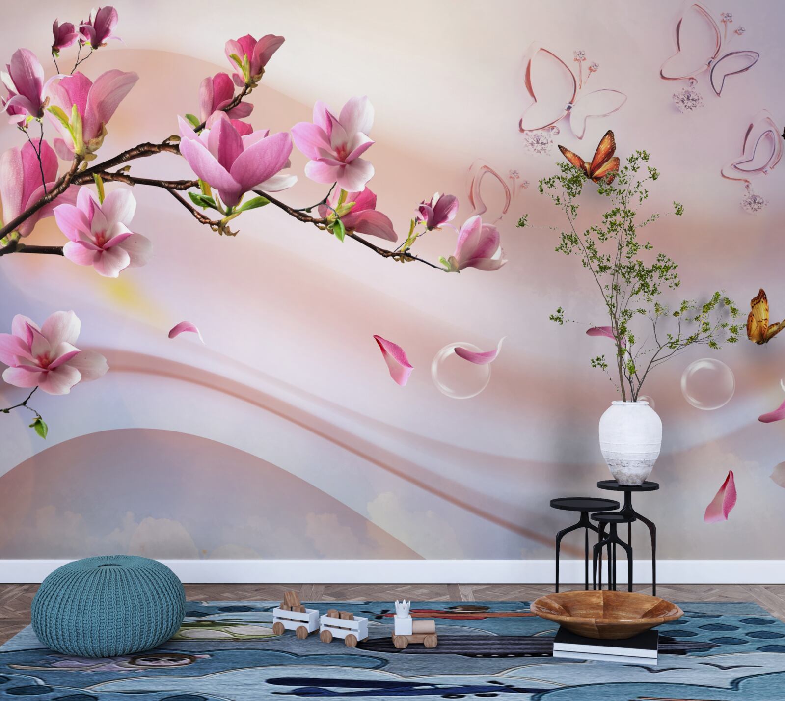 Papier peint branche avec des fleurs roses et des papillons volants