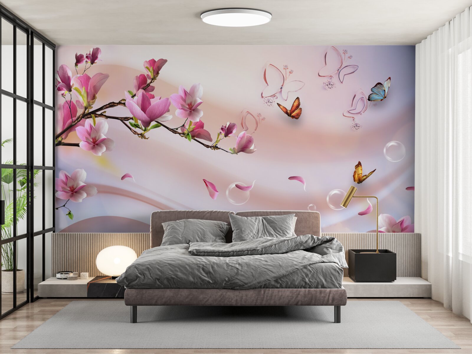Papier peint branche avec des fleurs roses et des papillons volants