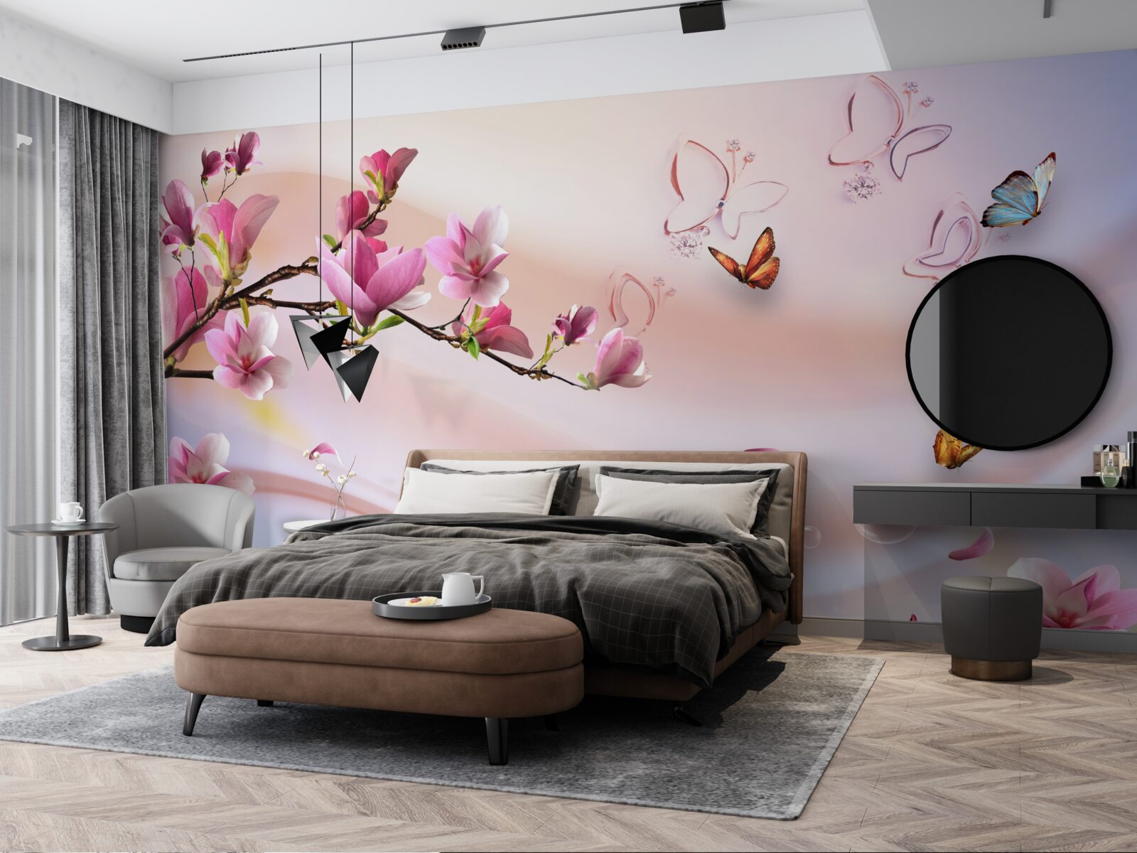 Papier peint branche avec des fleurs roses et des papillons volants