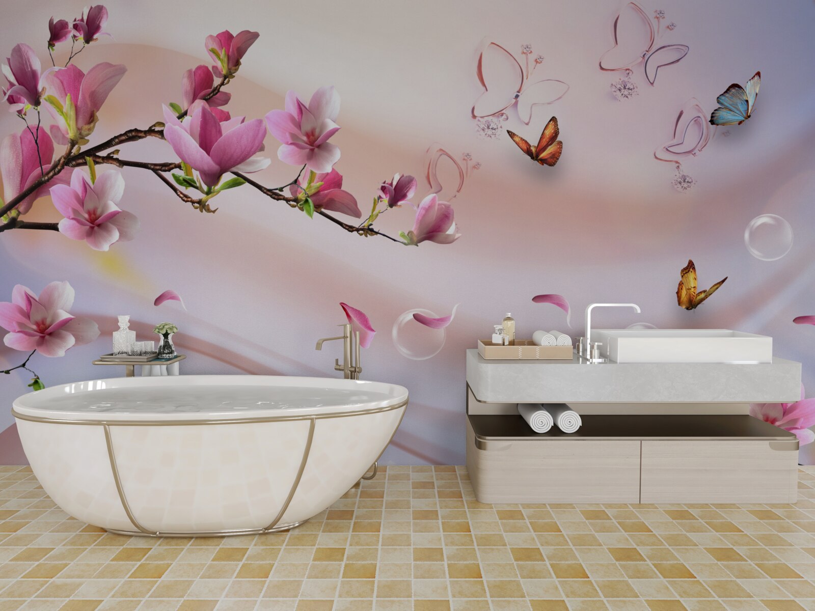 Papier peint branche avec des fleurs roses et des papillons volants