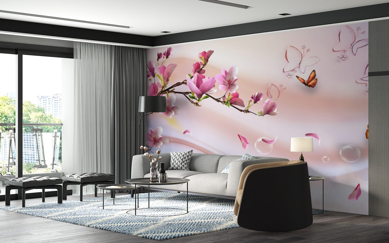 Papier peint branche avec des fleurs roses et des papillons volants