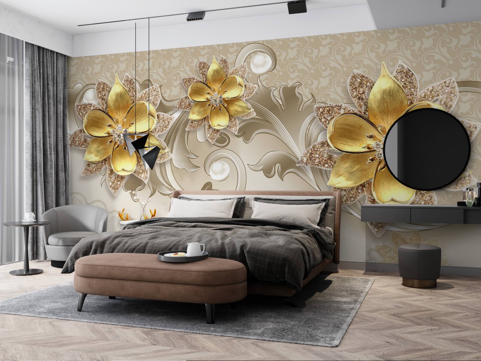 Papier peint petit cerf blanc et fleurs jaune pierre