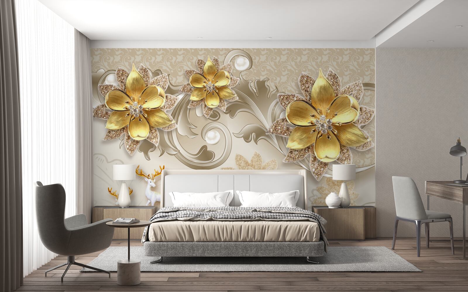 Papier peint petit cerf blanc et fleurs jaune pierre