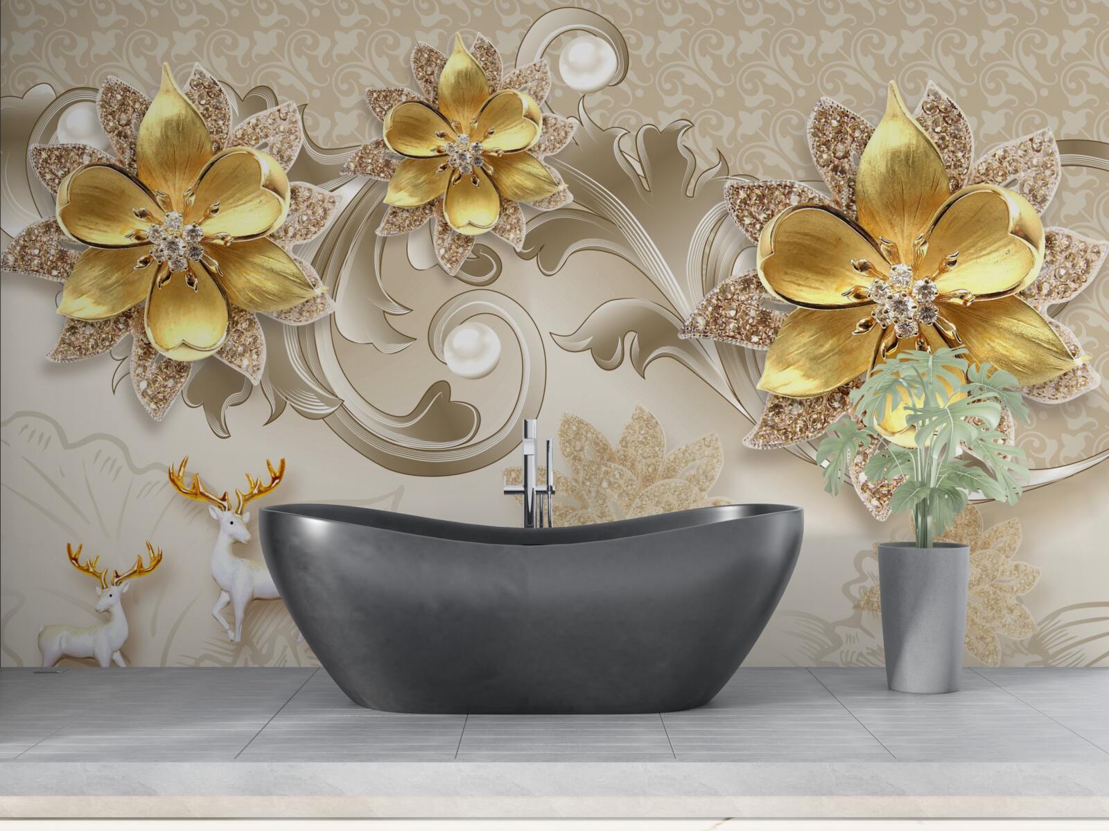 Papier peint petit cerf blanc et fleurs jaune pierre