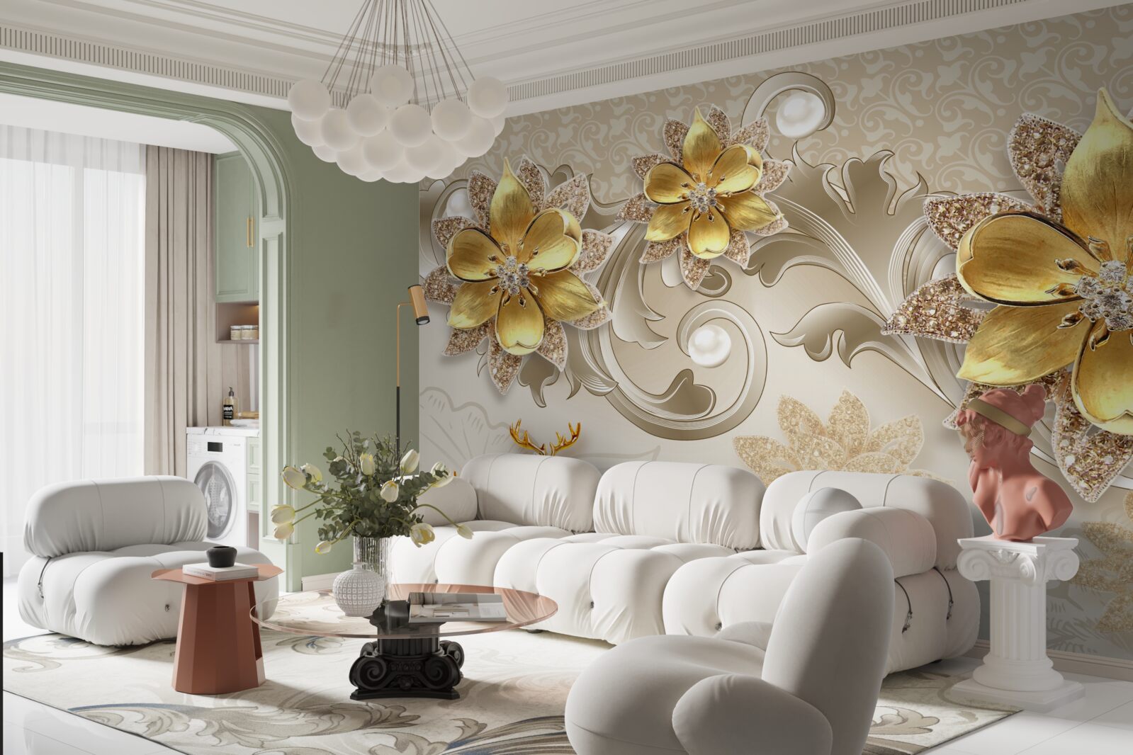 Papier peint petit cerf blanc et fleurs jaune pierre