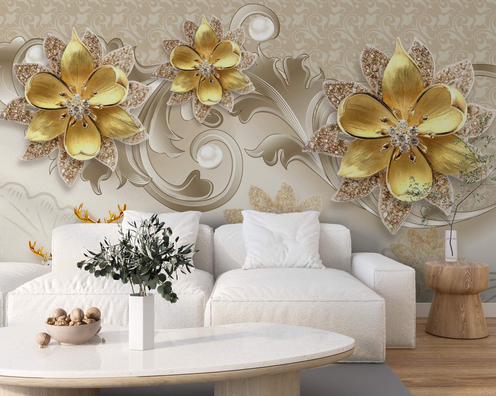 Papier peint petit cerf blanc et fleurs jaune pierre