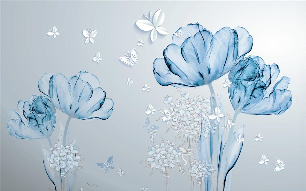 Papier peint des fleurs bleues et des papillons brillants