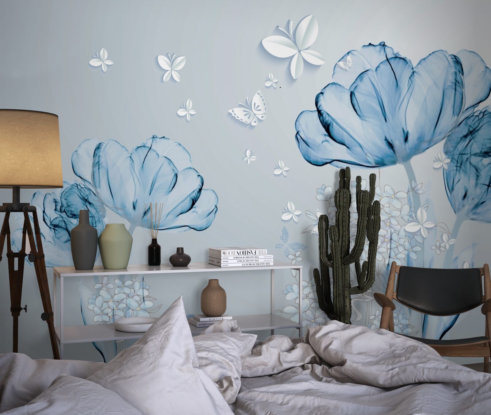 Papier peint des fleurs bleues et des papillons brillants