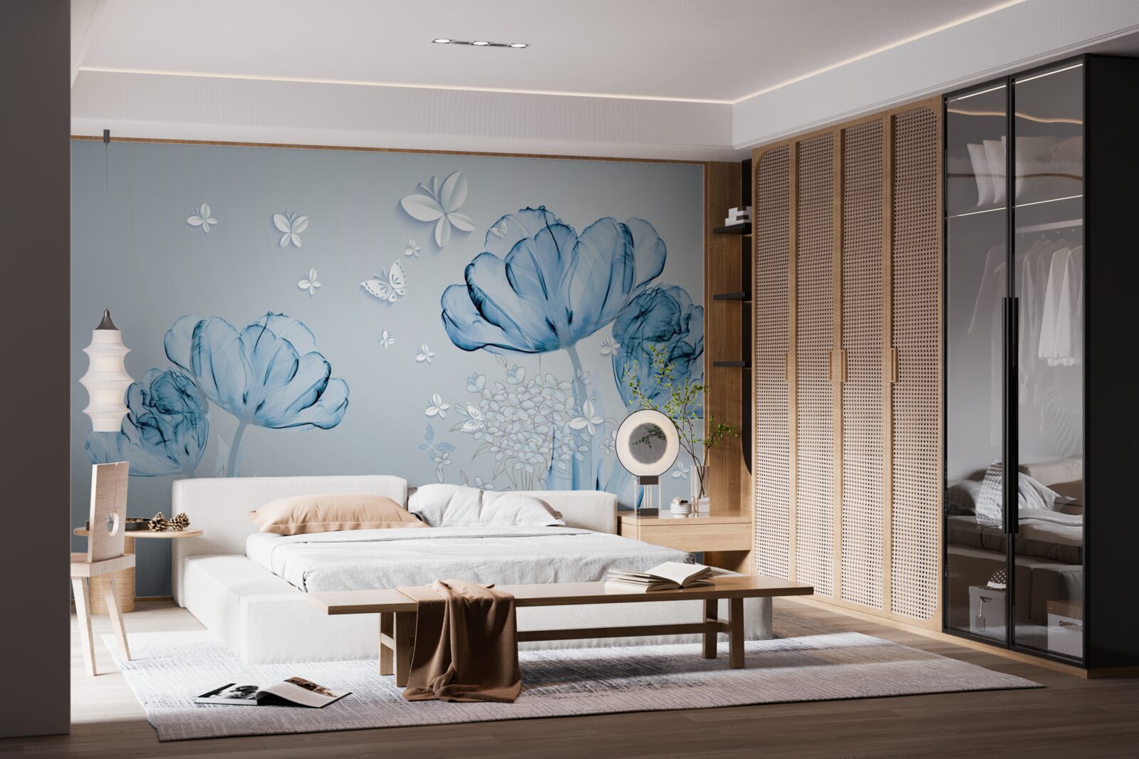 Papier peint des fleurs bleues et des papillons brillants