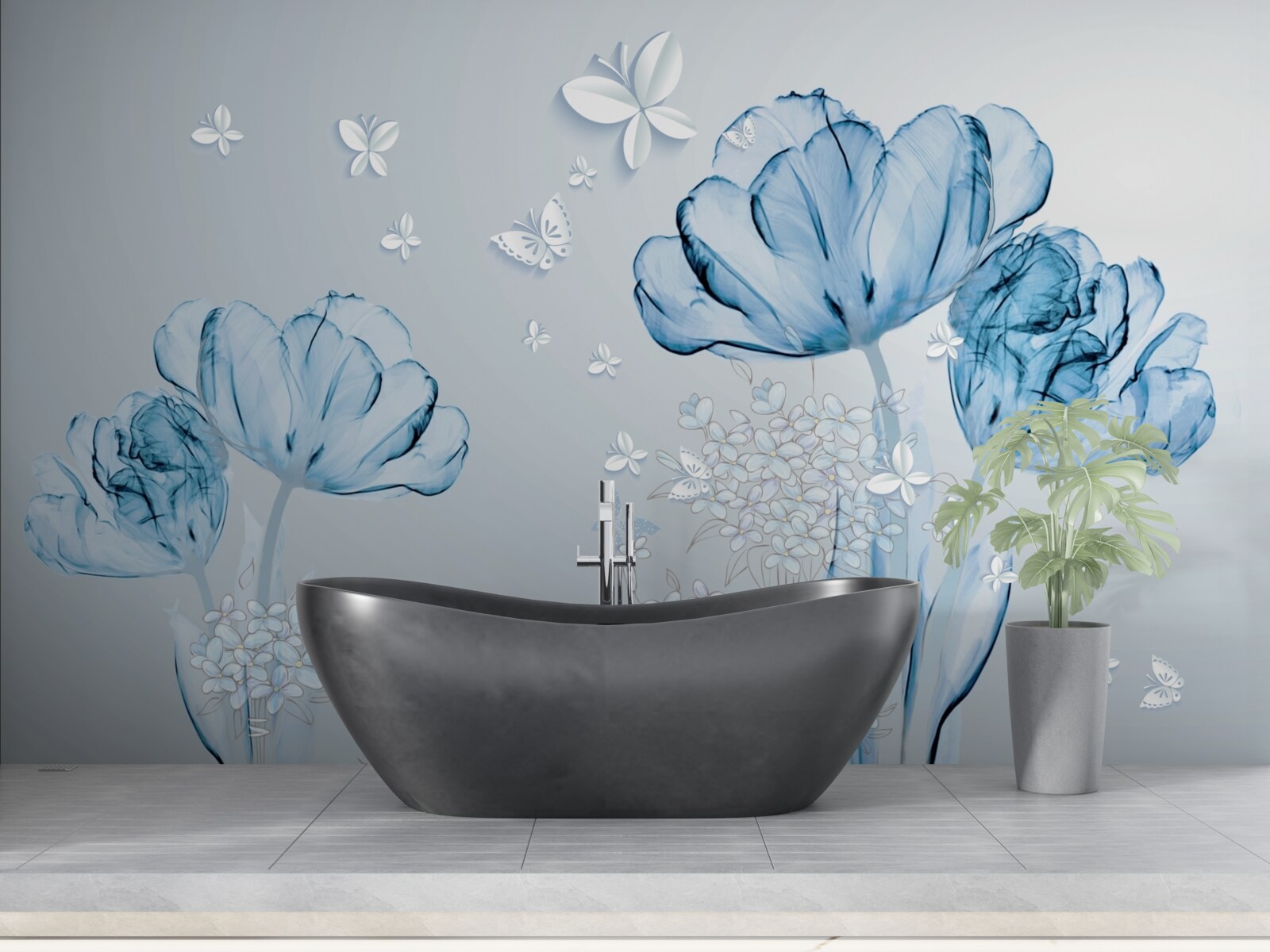 Papier peint des fleurs bleues et des papillons brillants