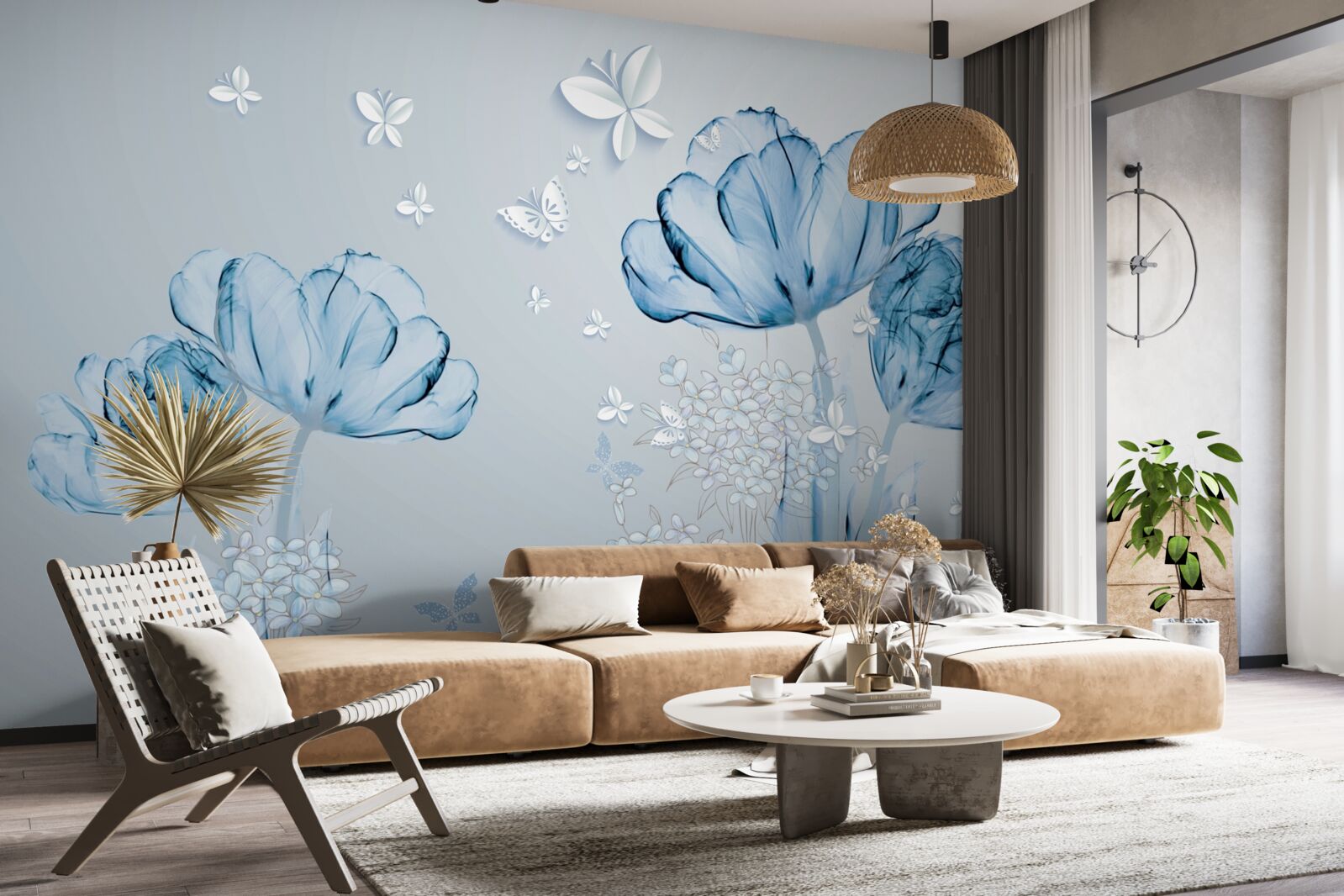 Papier peint des fleurs bleues et des papillons brillants