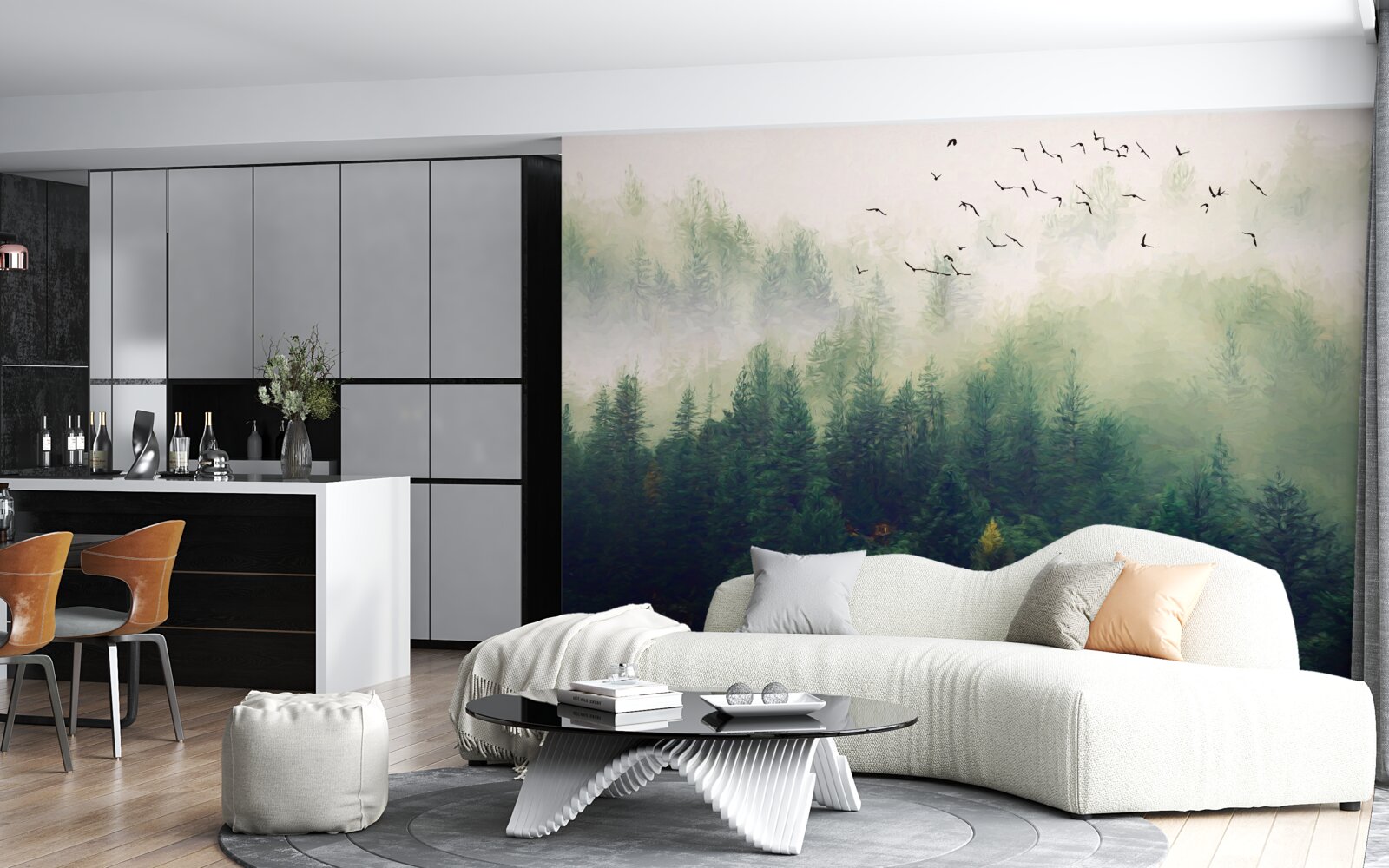 Papier peint les oiseaux survolent la forêt dans l'air brumeux