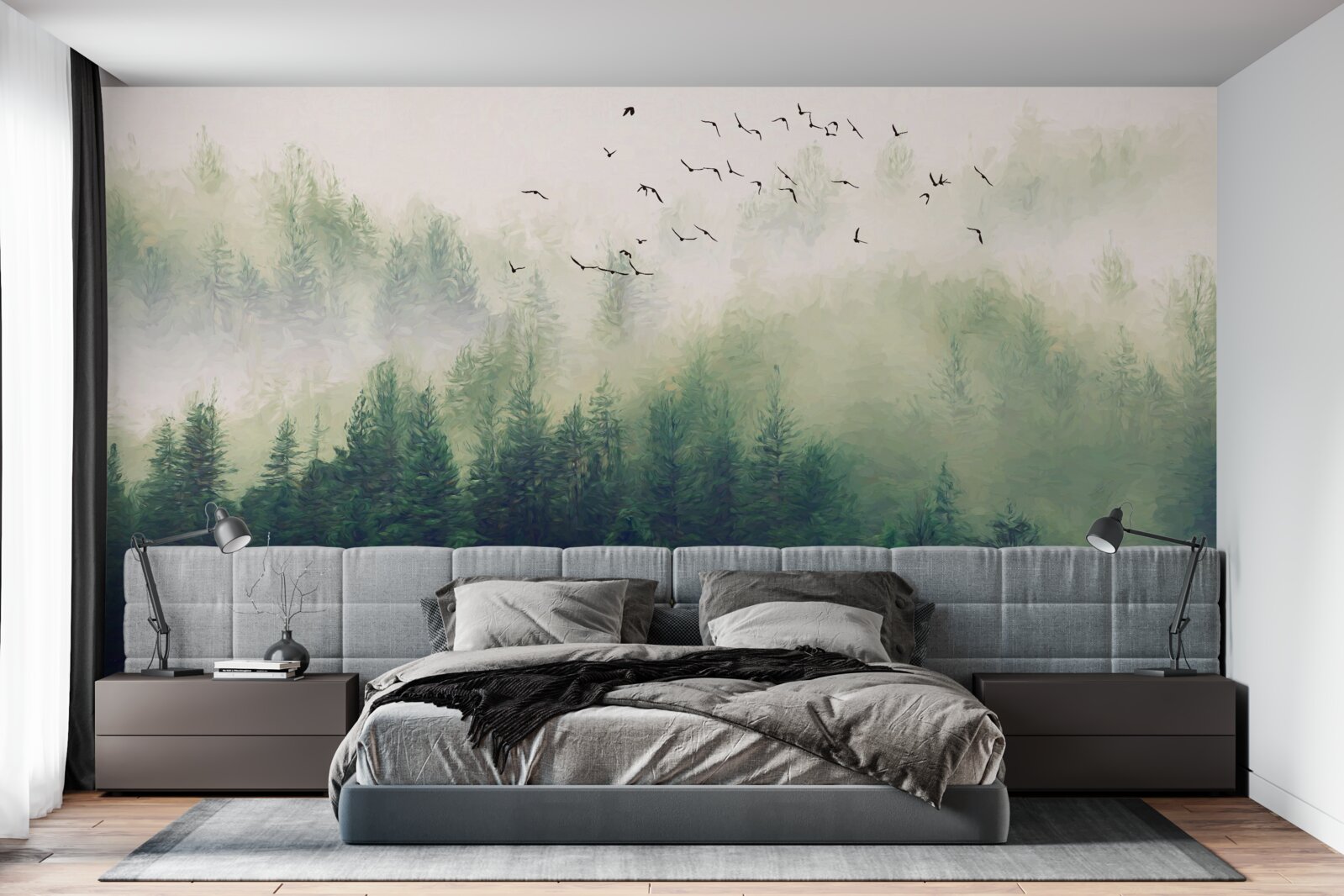 Papier peint les oiseaux survolent la forêt dans l'air brumeux