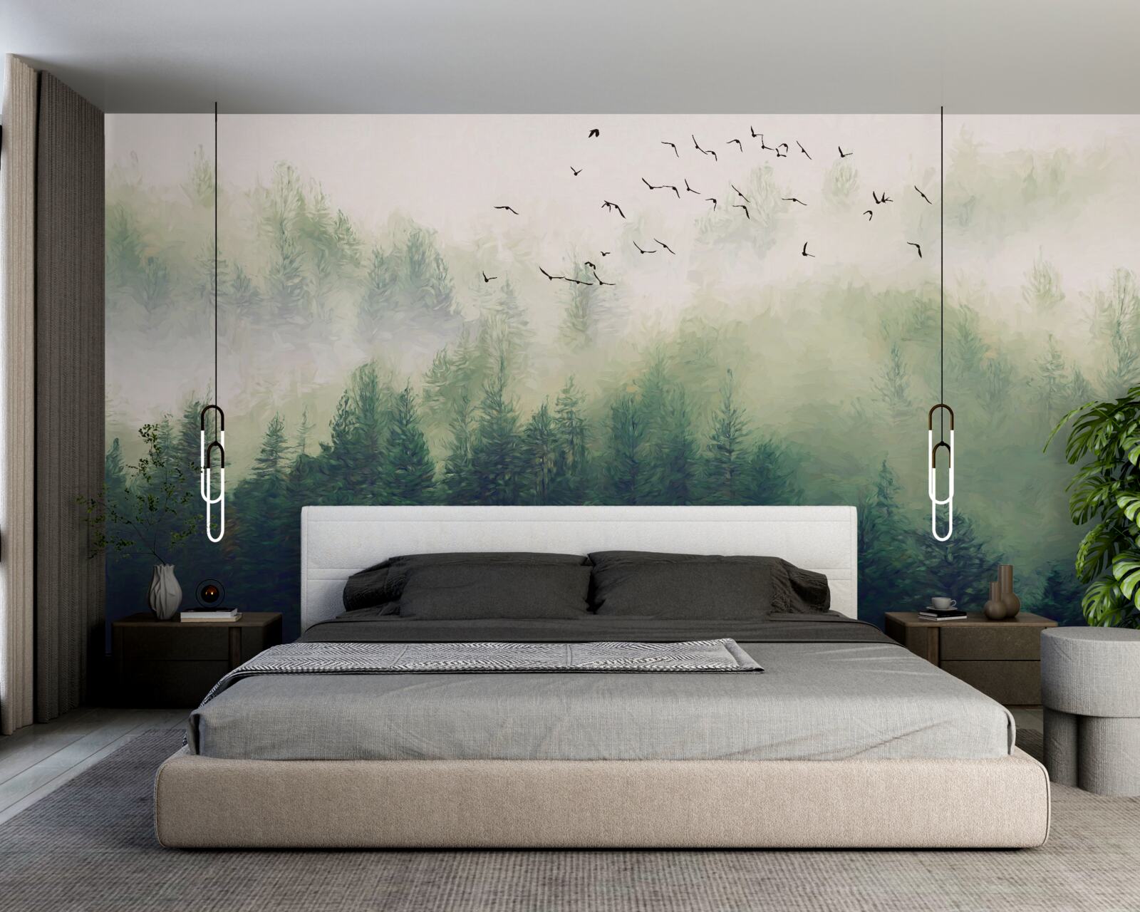 Papier peint les oiseaux survolent la forêt dans l'air brumeux