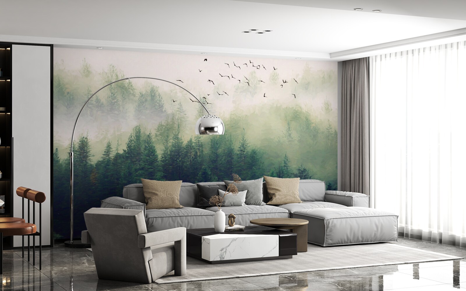 Papier peint les oiseaux survolent la forêt dans l'air brumeux