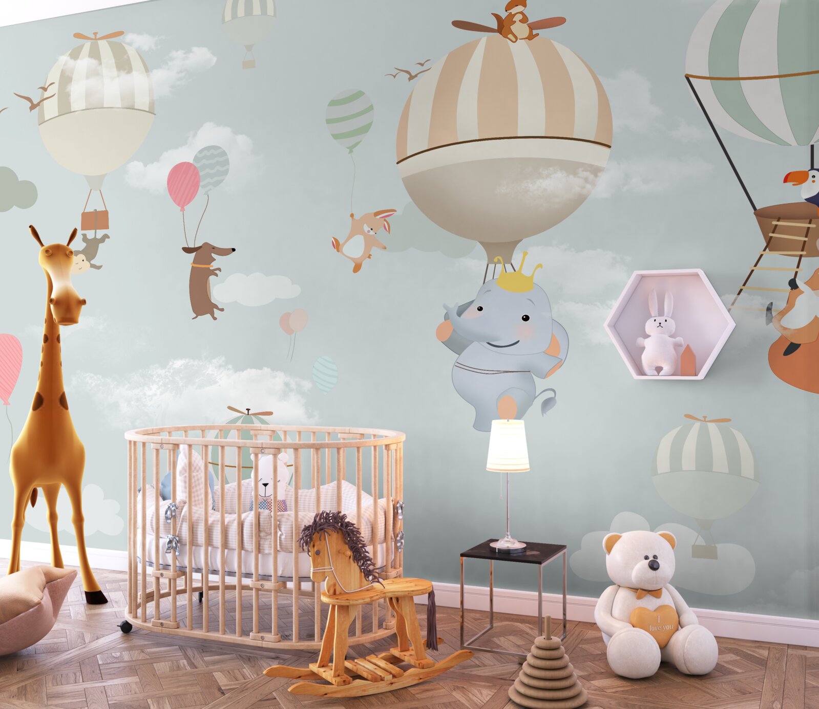 Papier peint les animaux flottent sur des ballons et des ballons de baudruche