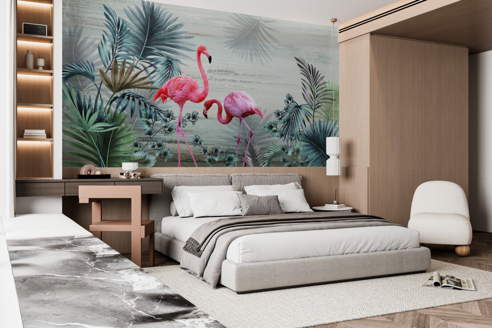 Papier peint flamants roses parmi les feuilles vertes