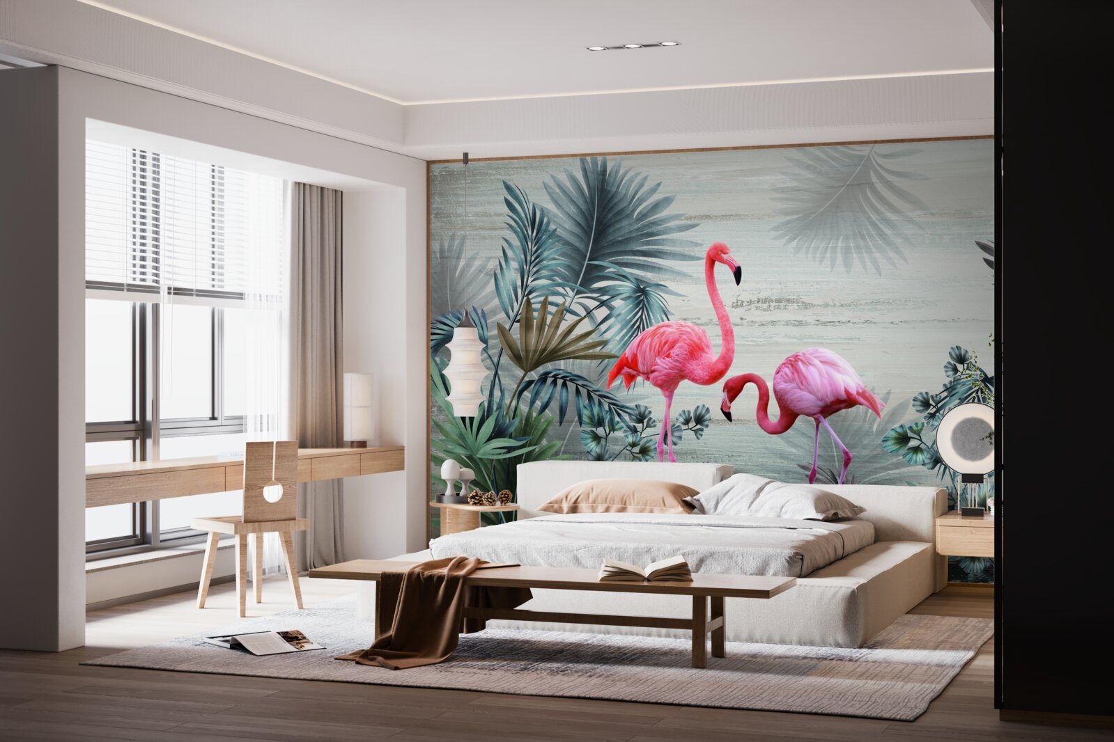 Papier peint flamants roses parmi les feuilles vertes