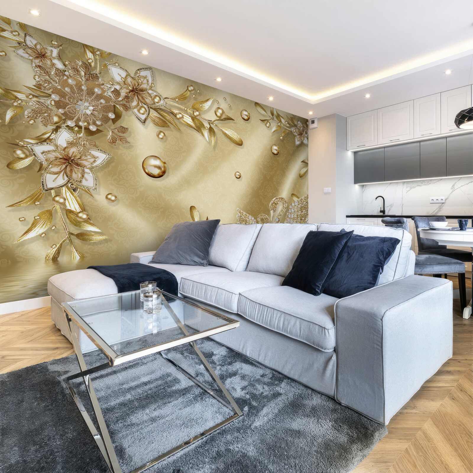 Papier peint des pierres disposées en forme de fleurs et de cygnes