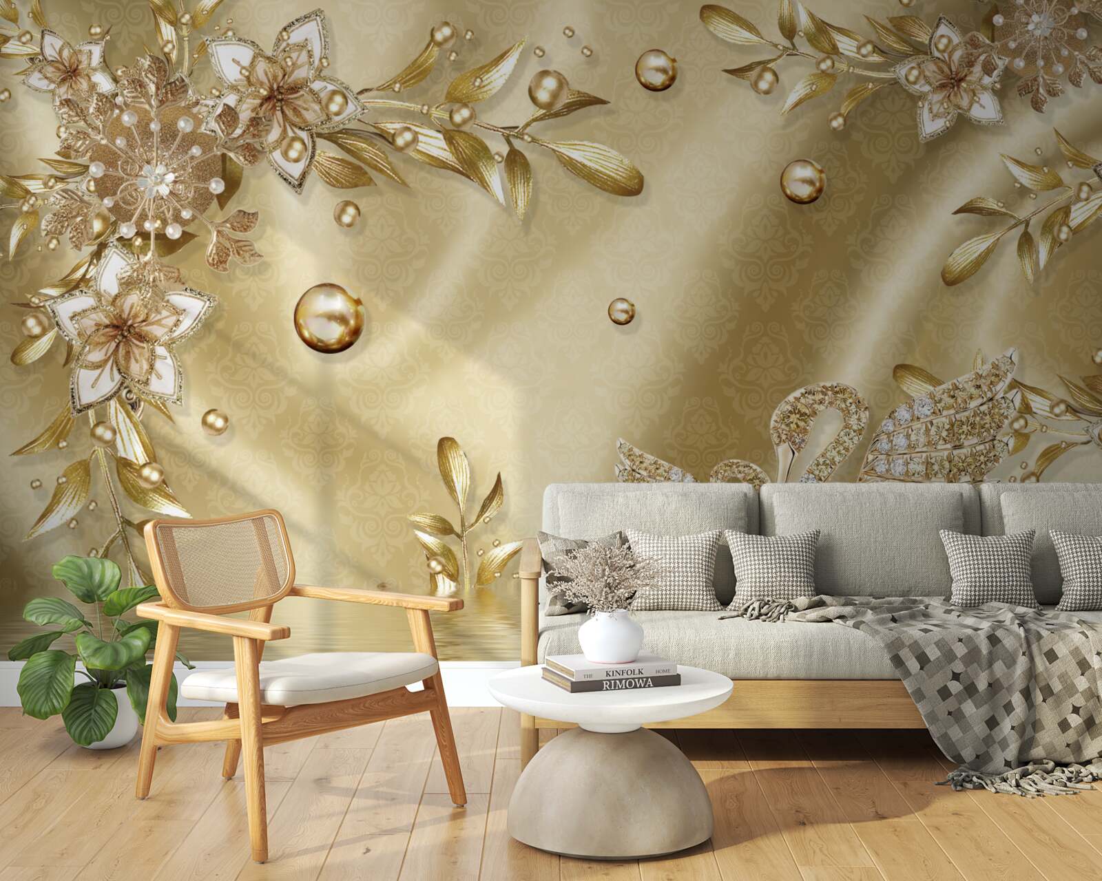 Papier peint des pierres disposées en forme de fleurs et de cygnes