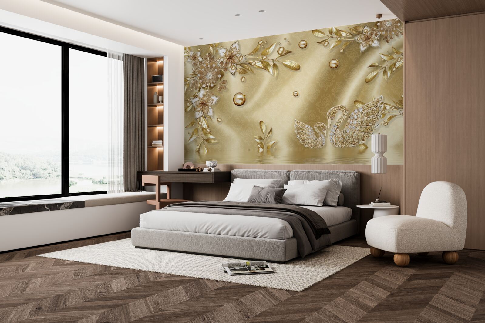 Papier peint des pierres disposées en forme de fleurs et de cygnes