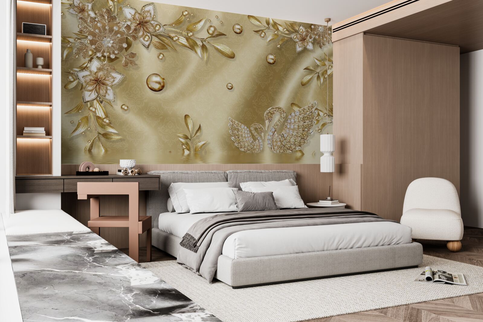 Papier peint des pierres disposées en forme de fleurs et de cygnes