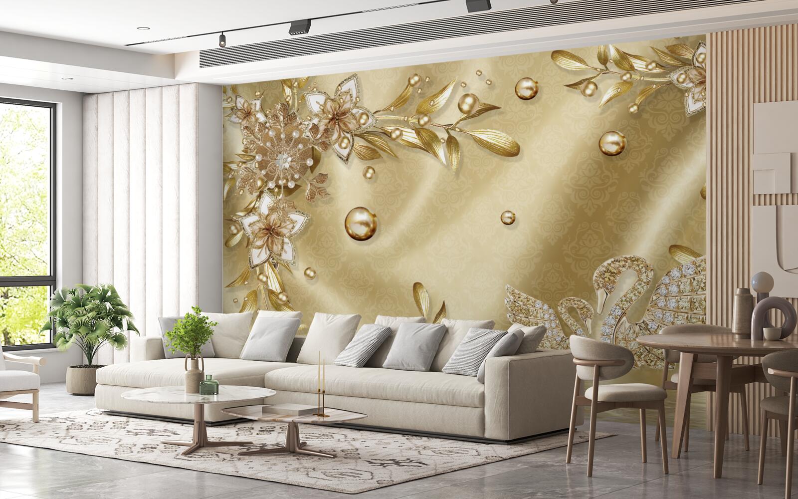 Papier peint des pierres disposées en forme de fleurs et de cygnes