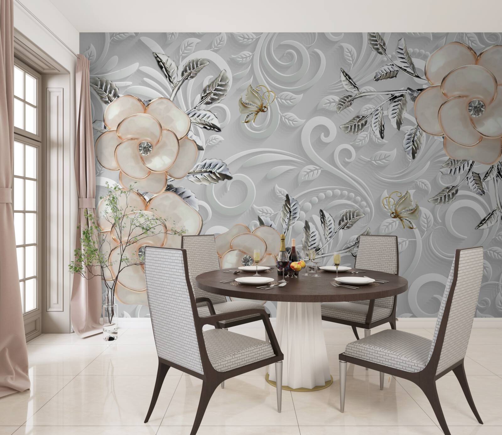 Papier peint roses crème